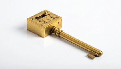 Intricately designed gold key with mechanical box-shaped bow, rivets, and complex bit on white background for editorial fantasy photography steampunk decor and poetic mystery-themed visuals