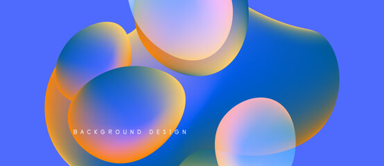 Abstract fluid shapes overlap, creating vibrant color gradients. Blue, orange, pink hues dominate composition. Modern design element.
