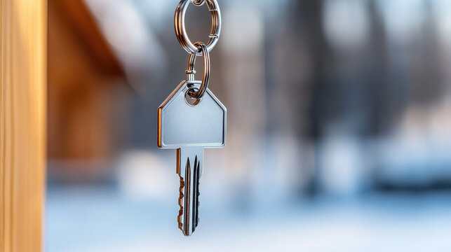 House key on a chain symbolizing home ownership, real estate investment, buying a new property, and future housing dreams during winter season