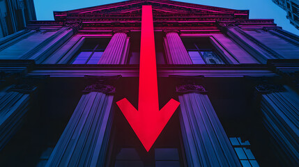 Bank building with a large red downward arrow representing financial decline, economic loss, or decreasing profits.