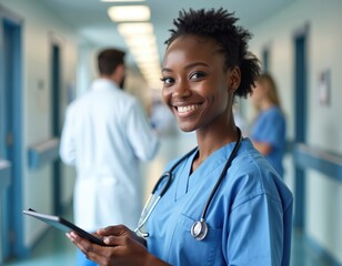 Young african american woman doctor smiles holding digital tablet in hospital hallway. Colleagues work in background. Healthcare pro uses tech for patient care.