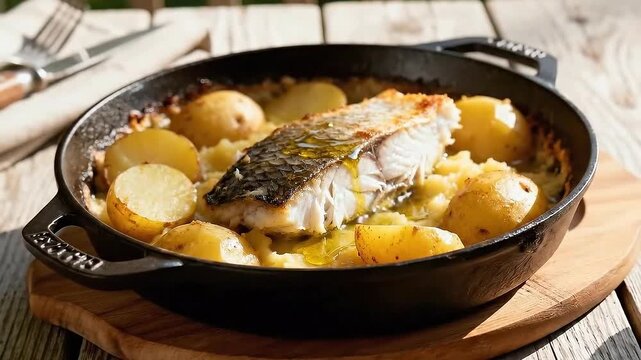 Rustic Cod and Potatoes: Golden Oil Drizzle in a Cast Iron Skillet