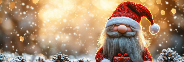 Naklejka premium funny cheerful a Santa gnome ang gift with a very long beard and a hat pulled down to cover his eyes,playful pose isolated on christmas background bokeh, space for text