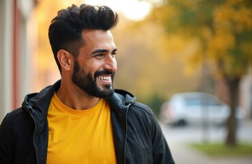 Obraz premium Happy hispanic bearded man smiles outdoors. Adult with modern stylish haircut looks aside. Portrait of cheerful person on street with positive expression. Confident guy smiles in city.