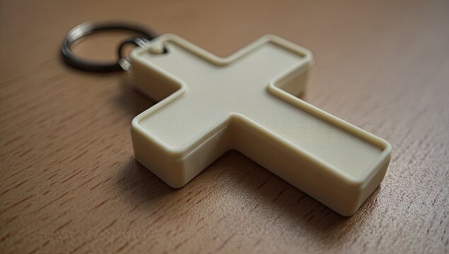 Beige Plastic Cross Keychain Religious Symbol.