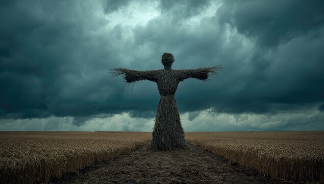 Spooky Scarecrow in a Wheat Field Under a Stormy Sky.