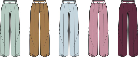 Collection of stylish women's trousers in various muted colors, showcasing elegant pleated designs for a modern wardrobe