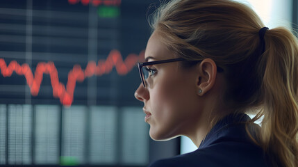 Businesswoman analyzing a falling interest rate graph, symbolizing finance, investments, and economic trends.