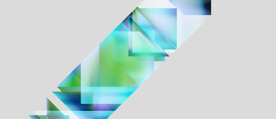 Abstract geometric shapes overlap, creating vibrant green, blue hues. Light gradients suggest depth, modern design elements.