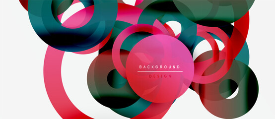 Abstract colorful shapes overlap, creating dynamic composition. Pink, teal, crimson hues dominate design. Modern, vibrant aesthetic.