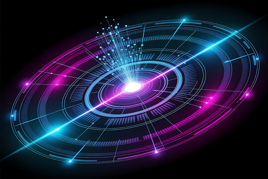 High-tech neon digital interface with circular HUD design and glowing data lines, Futuristic glowing digital radar interface visualization

