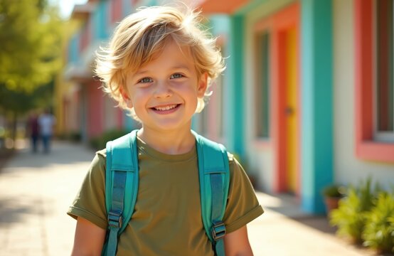 Cute blonde boy with backpack smiles for camera. Walks on sunny day near colorful school buildings. Child goes to kindergarten preschool. Happy kid ready for study, learning, new adventures. Bright