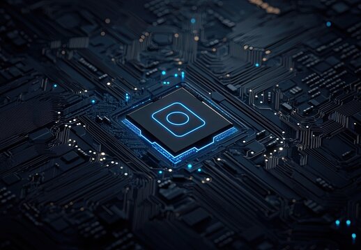 A close-up of a futuristic microchip with glowing blue circuitry and a central illuminated processor on a dark circuit board