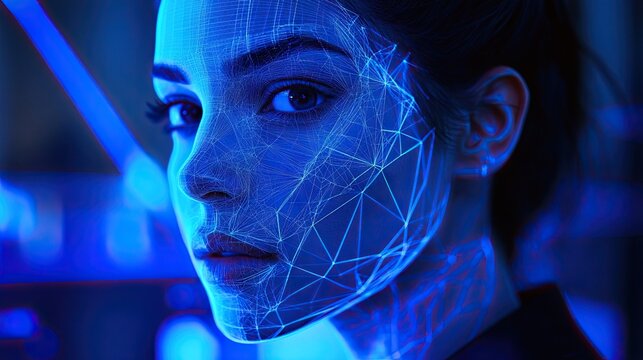 A close-up of a human face illuminated by blue light, overlaid with a digital mesh of geometric lines and nodes