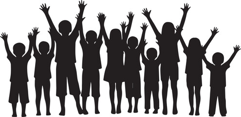 Diverse group of children celebrating together with raised arms in a silhouette graphic