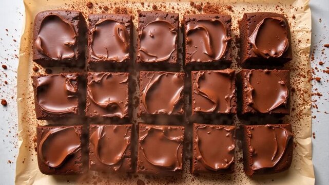 Decadent chocolate brownies with creamy fudge frosting being arranged, perfect for tempting dessert menus and bakery promotions