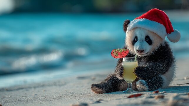Cute panda with cocktail celebrates new year in Santa hat on the beach