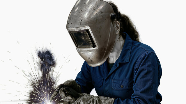 Industrial Female Welder at Work – Metal Fabrication with Sparks and Protective Helmet