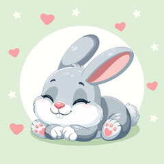 A cute and happy little rabbit is sitting and smiling sweetly on a color background. Perfect for Easter Bunny themes or childrens designs. Vector illustration in flat cartoon style.