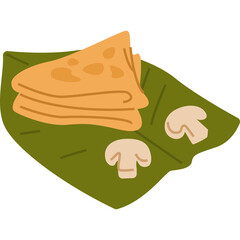 Two Sliced Mushrooms on a Green Leaf with Folded Crepes in a Flat Illustration Style on a Transparent Background