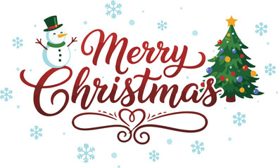 Abstract Vector “Merry Christmas” Latin Text with Love, Snowman, and Christmas Tree