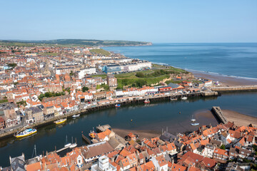 Aerial drone photo of the town of Whitby in Yorkshire northern England showing the historic British...