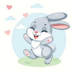 A cute and happy little rabbit is sitting and smiling sweetly on a white background. Perfect for Easter Bunny themes or childrens designs. Vector illustration in flat cartoon style.