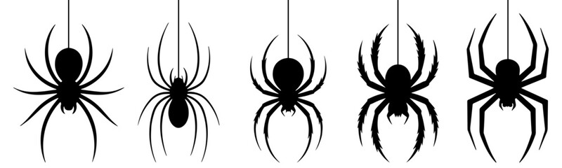 Halloween Spiders Silhouettes &ndash; Spooky & Creepy Black Spiders Hanging from Web &ndash; Spooky Vector Illustration for Decor, Printables, Cards & Halloween Graphics