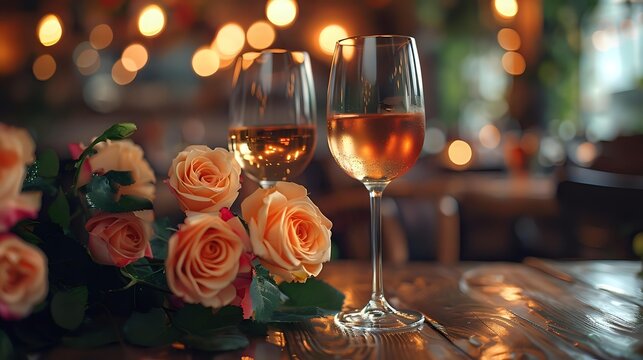 Romantic evening setting with peach roses and two glasses of rose wine on wooden table against blurred warm bokeh lights creating intimate atmosphere.