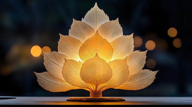 Glowing lotus flower lamp made from delicate skeleton leaves, creating warm ambient light against dark background with bokeh effect. - Powered by Adobe