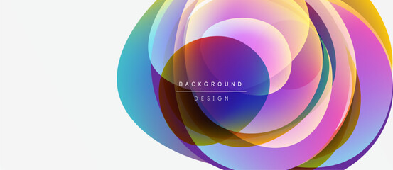 Abstract colorful layers create dynamic circular design. Vibrant hues blend, forming modern background element. Smooth gradients offer visual interest.