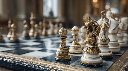 Fototapeta premium Ornate luxury chess set with gold-accented ivory pieces on blue marble board, showcasing intricate craftsmanship for strategic gameplay.