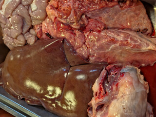 Close-up, overhead view of assorted raw pork offal in a metal tray, including liver, intestines, lung, and cartilaginous tissue.