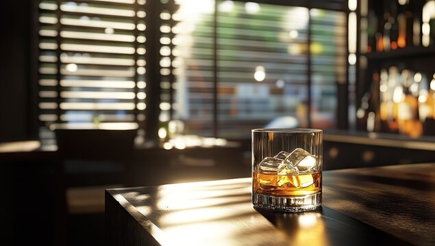 A glass of whiskey with ice cubes on a wooden table, sunlight streaming through window blinds