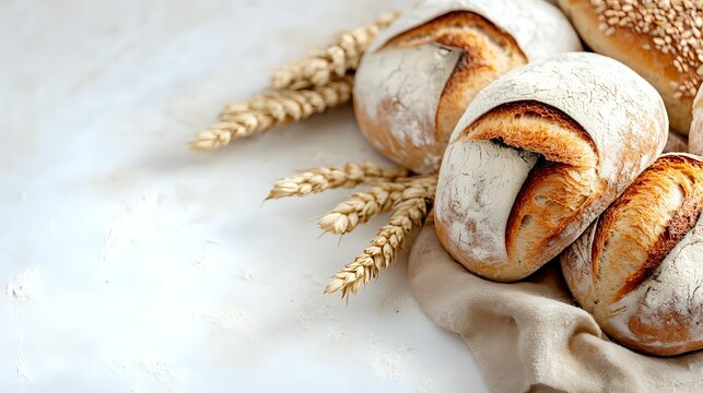 Freshly baked artisan bread rolls with crispy golden crust on linen cloth, accompanied by wheat ears on light background. - Powered by Adobe