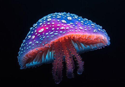 A vibrant, bioluminescent jellyfish glowing with blue, purple, and pink spots floating in a dark underwater environment