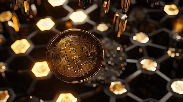 A golden Bitcoin coin floating above a hexagonal digital network with glowing nodes and data streams