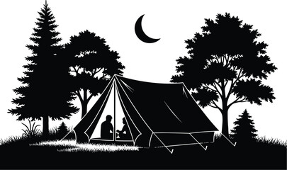 Silhouette of a cozy tent pitched in a forest clearing under a crescent moon at night