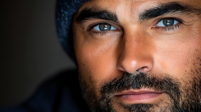 Close-up portrait of middle-aged Caucasian man with blue eyes, beard and beanie against dark background. Dramatic lighting highlights facial features.