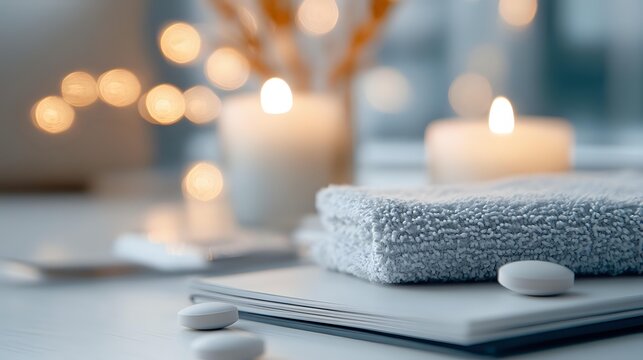 Soft towel and smooth stones on spa table with glowing candles creating tranquil atmosphere for relaxation and wellness treatments.