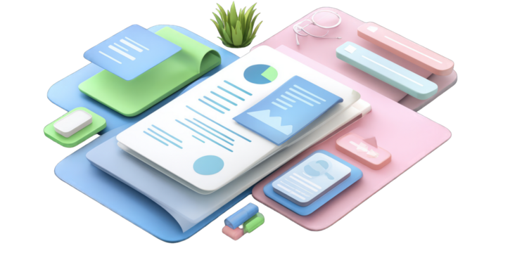 Pastel-colored documents and digital interface elements arranged in an isometric view