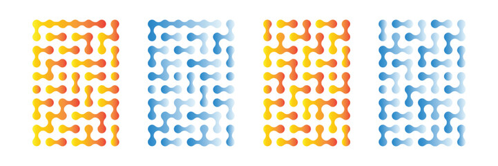 Four abstract patterns of connected dots in warm and cool color gradients, isolated on white background