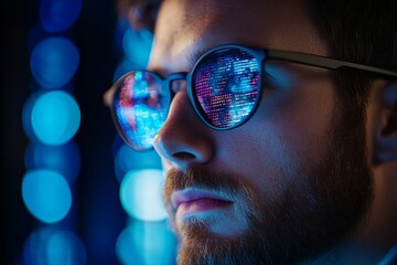 Programming and AI code with a man focusing on digital software, cybersecurity, and website development. A futuristic scene emphasizing technology, innovation, and data analysis, Generative AI