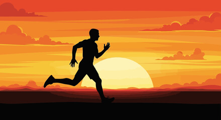 Dynamic silhouette of a male runner in powerful motion against a breathtaking sunset or sunrise, symbolizing health, endurance, and the relentless pursuit of fitness goals