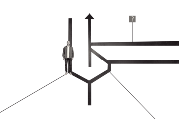 Creative trend artwork 3D collage sketch of arrow way point different hr entrepreneur hiring worker office question mind young man stand