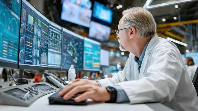 Technology Expert Monitoring System: Focused expert monitors intricate computer screens, navigating advanced technology and data analysis in a cutting-edge environment.