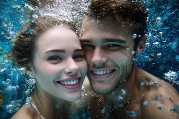 Couple enjoying underwater exploration in a clear pool during a sunny day