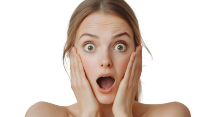 Woman expressing shock and surprise with hands on her face and wide eyes conveying disbelief and astonishment in a moment of intense emotion