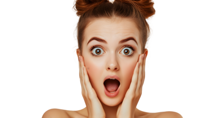 Shocked young woman with hands on face expressing surprise and amazement against a with wide eyes and open mouth showing strong emotion