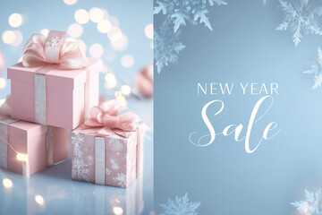 Elegant New Year Sale Image. Elegant New Year themed image with pink gift boxes and snowflakes, perfect for holiday sales promotions.